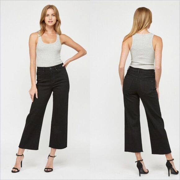 Mica Denim High Rise Wide Leg Crop Jeans Size 30 Black Raw Hem Stretch - Picture 1 of 8